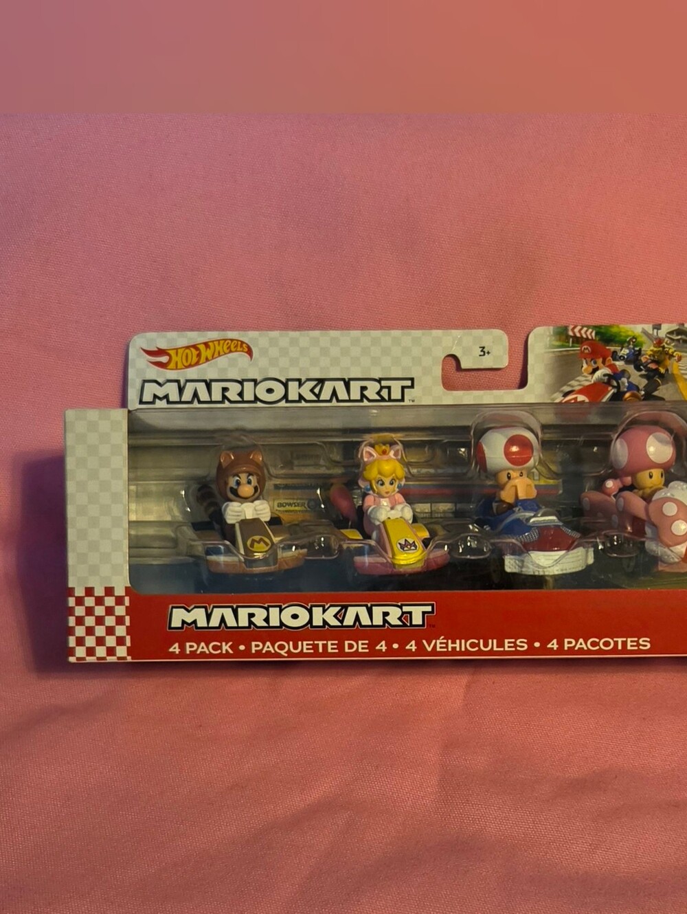 NIB Hotwheels MarioKart 4-Pk Die-cast Toadette, Toad, Cat Peach & Tanooki Mario